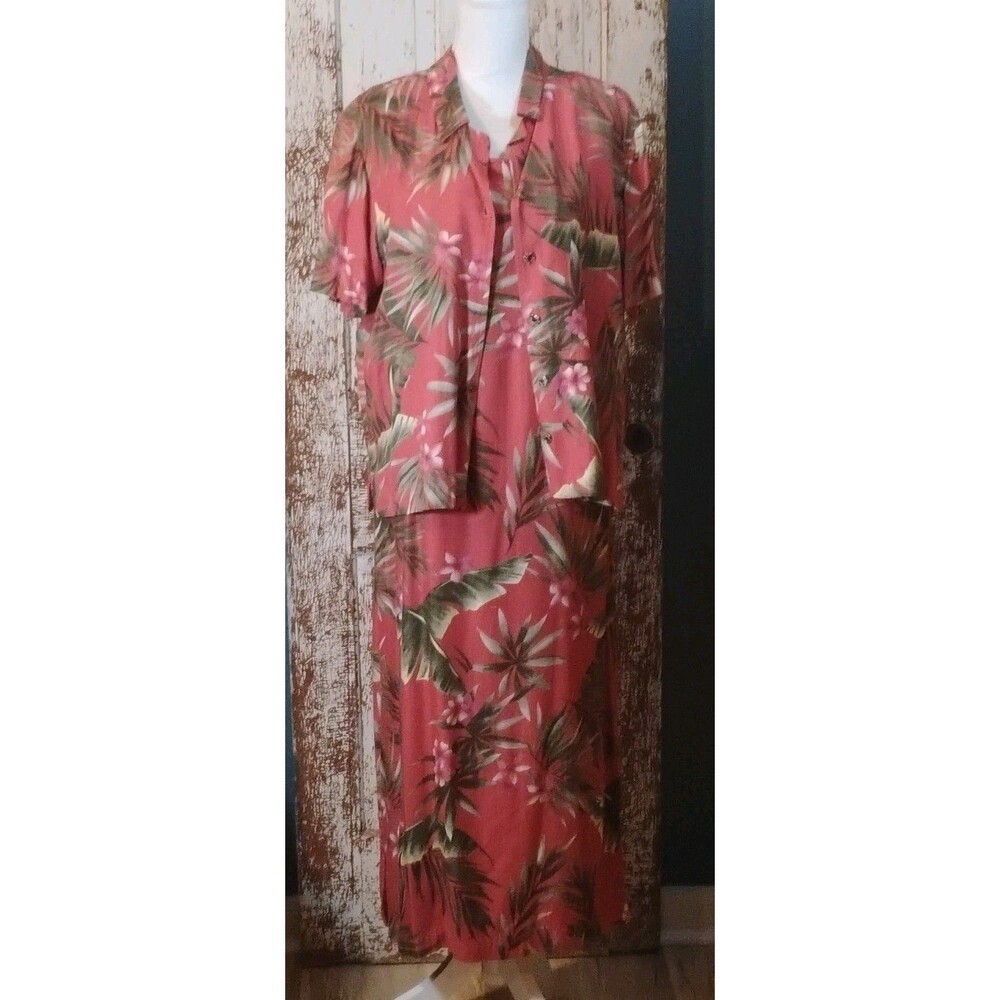 Vintage Bahama Beach Red Tropical Floral Maxi Dress Sleeveless W/Shirt Rayon L